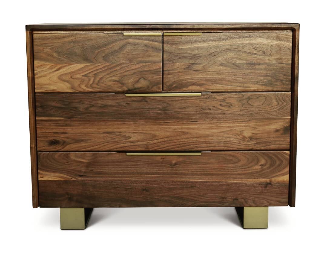 King Kade, 4 drawer dresser perfect for a little king.  Walnut with sun gold powdercoat. #yycdesign #yyccustom #yyc #yyclifestyle #yycinteriordesign #furnituredesign #furniture #customdesign #customfurniture #interiordesign