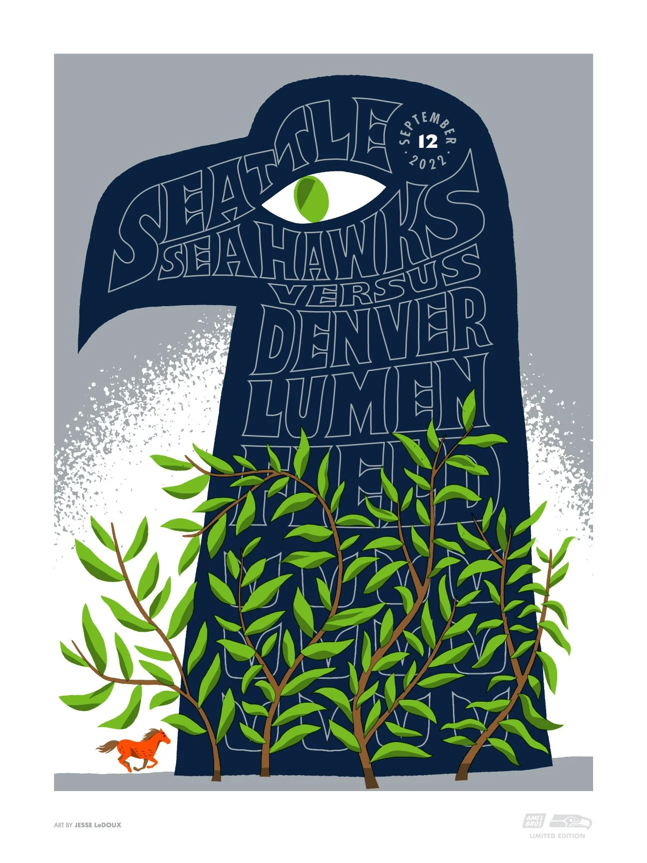 Image of large Seahawk head arising out of plants with small bronco running beneath