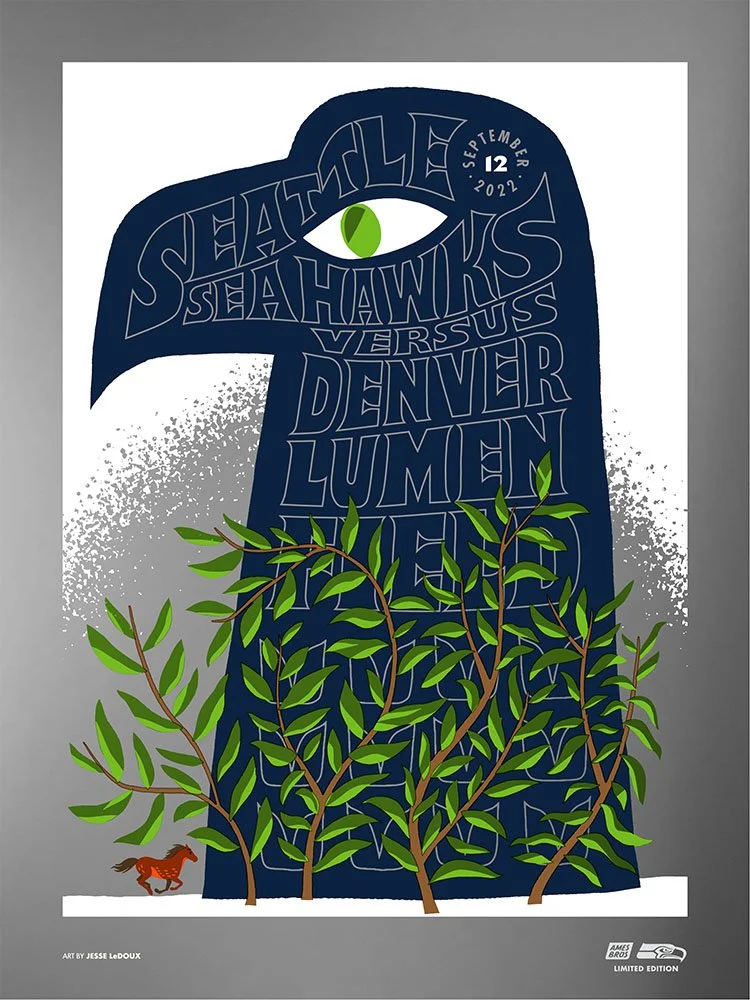Image of large Seahawk head arising out of plants with small bronco running beneath on shiny foil background