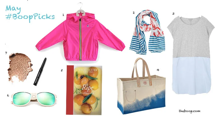 1. K-Way kids packable jacket . Waterproof, kid-proof, simply awesome. Style shown: $42. 2. Gretchen Scott Lobster Fest Pareo . Tuckernuck, $48. 3. Cos contrast jersey dress . Easy + Breezy = summer perfection. 4. Blu Kicks carry-all tote . When you need your bag to look like a vacation. $65 (sale price). 5. Ripe: A Cook in the Orchard . A beautiful book about all things fruit by renowned British food writer, Nigel Slater. 6. Ray-Ban Wayfarer . A hands down classic that looks good on everyone. Loving the new array of color options, especially this tan/green combo. 7. Bobbi Brown Long Wear Cream Shadow Stick. Pink Gold (shown) is the perfect summer color, hands down. IMHO. By my count there were 19 shades in all. $29.