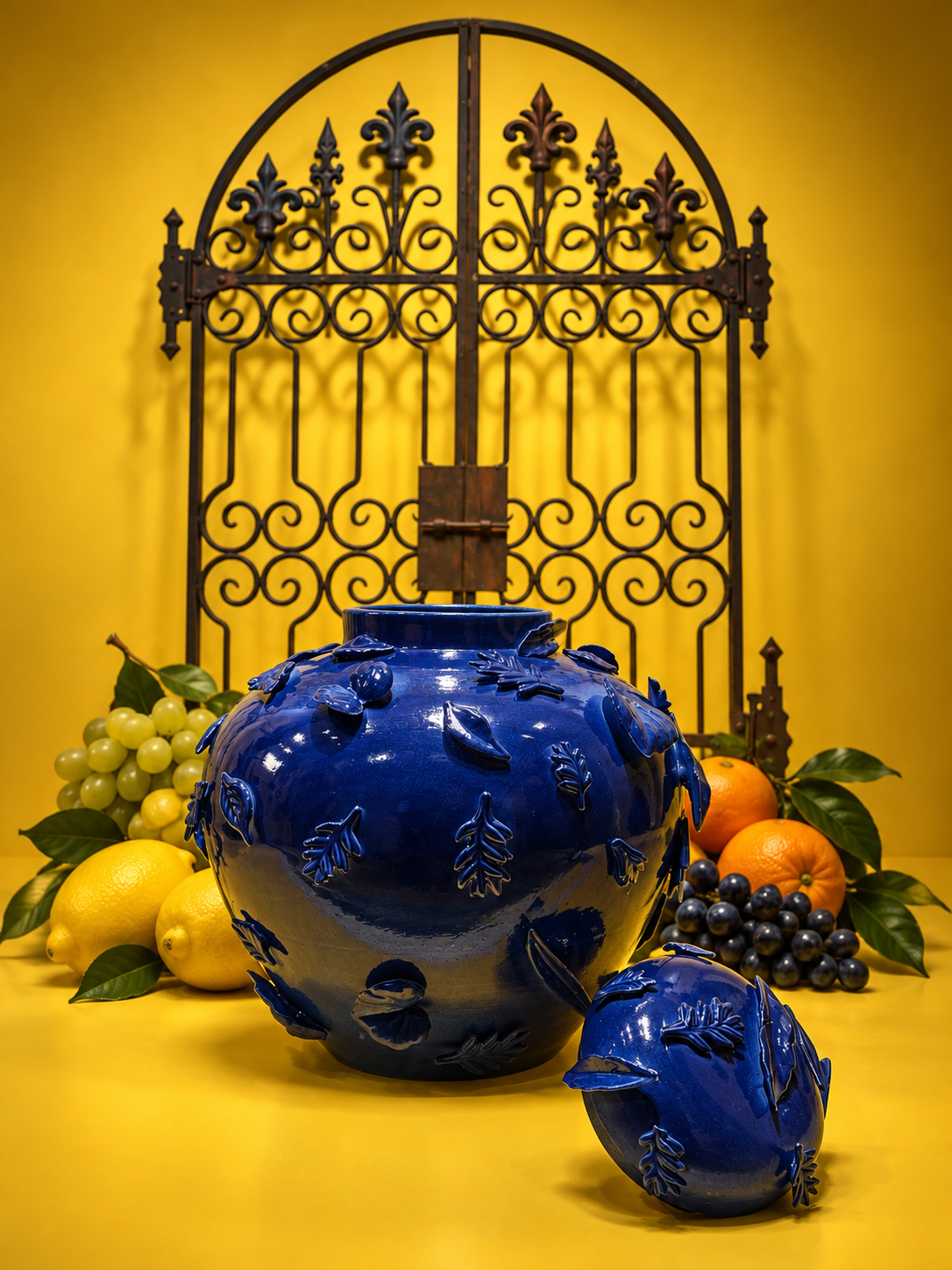 Cobalt Ceramic Still Life with Fruit and Gate.png