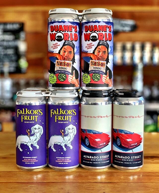 NEW @alvaradostreetbrewery CANS ARE IN!

DOUBLE DRY HOPPED DUANE&rsquo;S WORLD (Double Dry Hopped version of Duane&rsquo;s World IPA with Citra and New Zealand Sauvin Hops)

COUNTACH (Double Dry Hopped Hazy Double IPA with Nelson Sauvin, Citra and Id