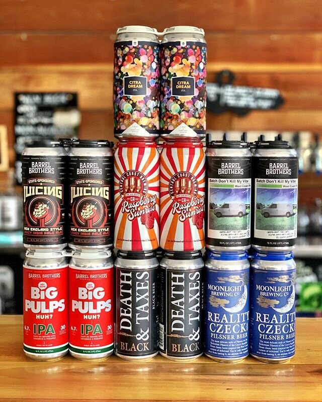 TONS of NEW CANS today! 
@barrelbrothersbrewing 
STATE SPONSORED JUICING (NE Style Juicy IPA with Citra, Simcoe, Centennial, Ekuanot, Mosaic and Azacca Hops)

BIG PULPS HUH? (Pulpy IPA DRY Hopped with Sabro and Experimental Hops, and brewed with Tang