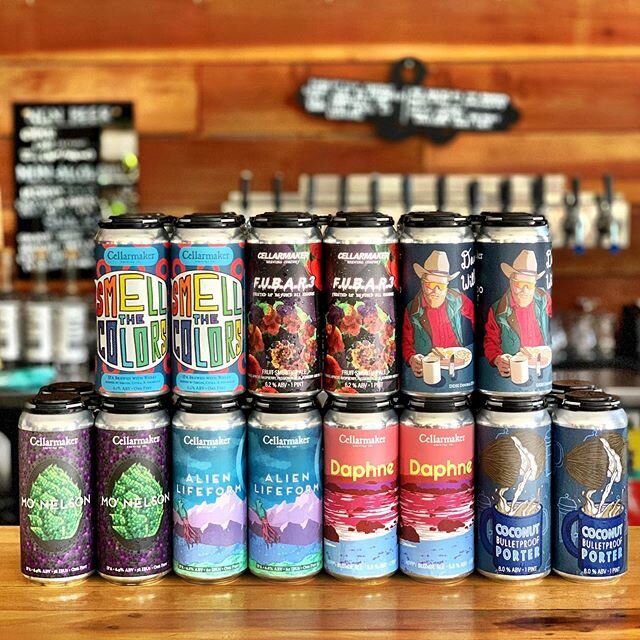 Oh, you want more NEW BEER for the weekend?  Here you go!  SEVEN MORE CANS from our friends @cellarmakerbrewing!

SMELL THE COLORS (Juicy IPA Brewed with Wheat...Hopped with Simcoe, Citra and Amarillo)

FUBAR 3 (Fruit Smoothie Ale with Mango, Apricot