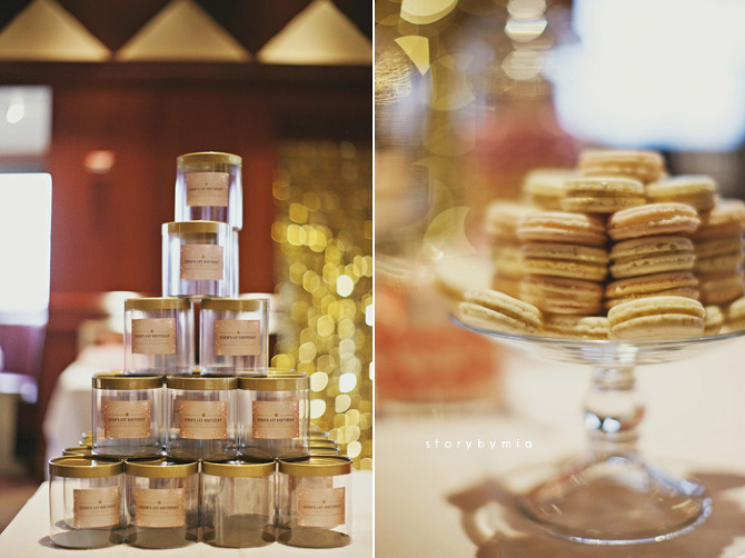 Clear favor boxes with gold lid and custom labels for guests to fill at our candy/dessert bar.