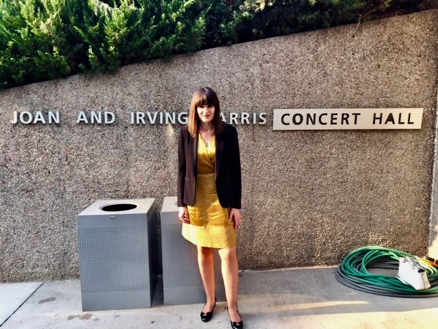 Outside Harris Concert Hall before the concert, 2018, where we rehearsed our pre-concert talks as students