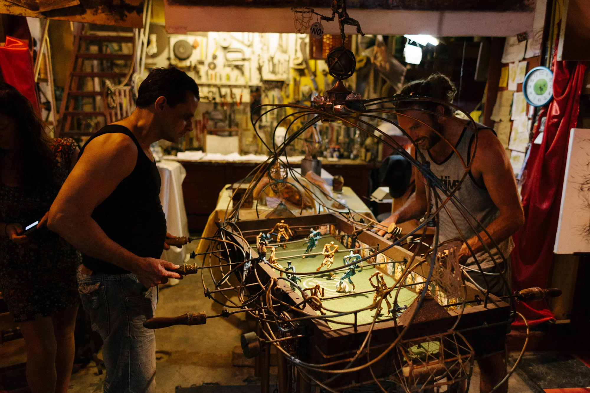Leo playing a game of fuse ball with one of his guests