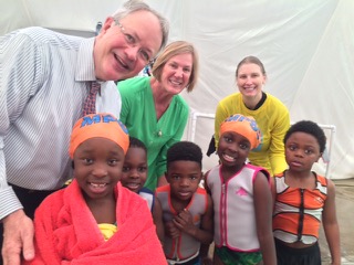 Mayor Tecklenburg, Shannon O'Brien (Program Director), Christie Segle (instructor), and CPA kindergarteners are all smiles after swim lessons.