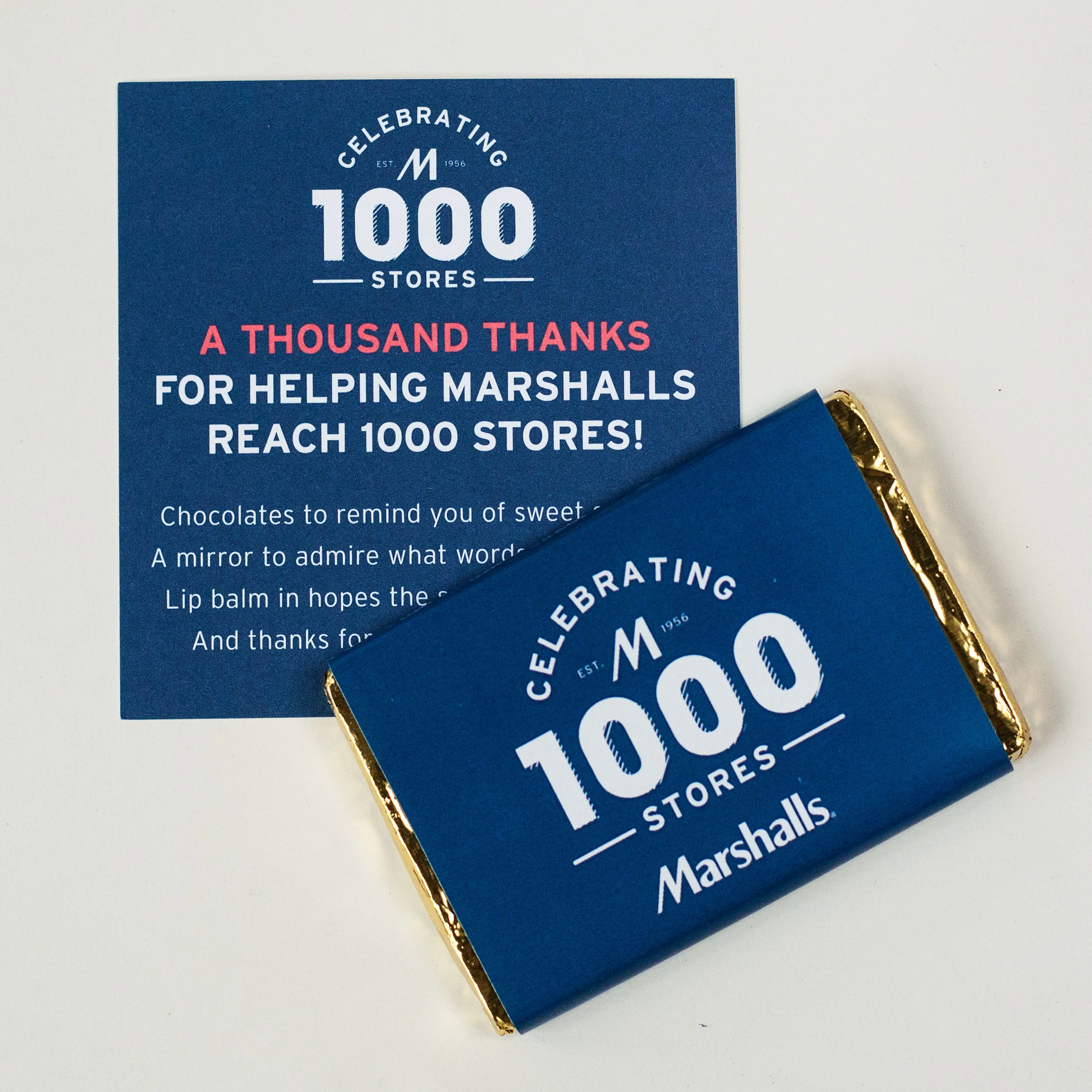 A note thanking all 5000 TJX employees along with a custom chocolate bar