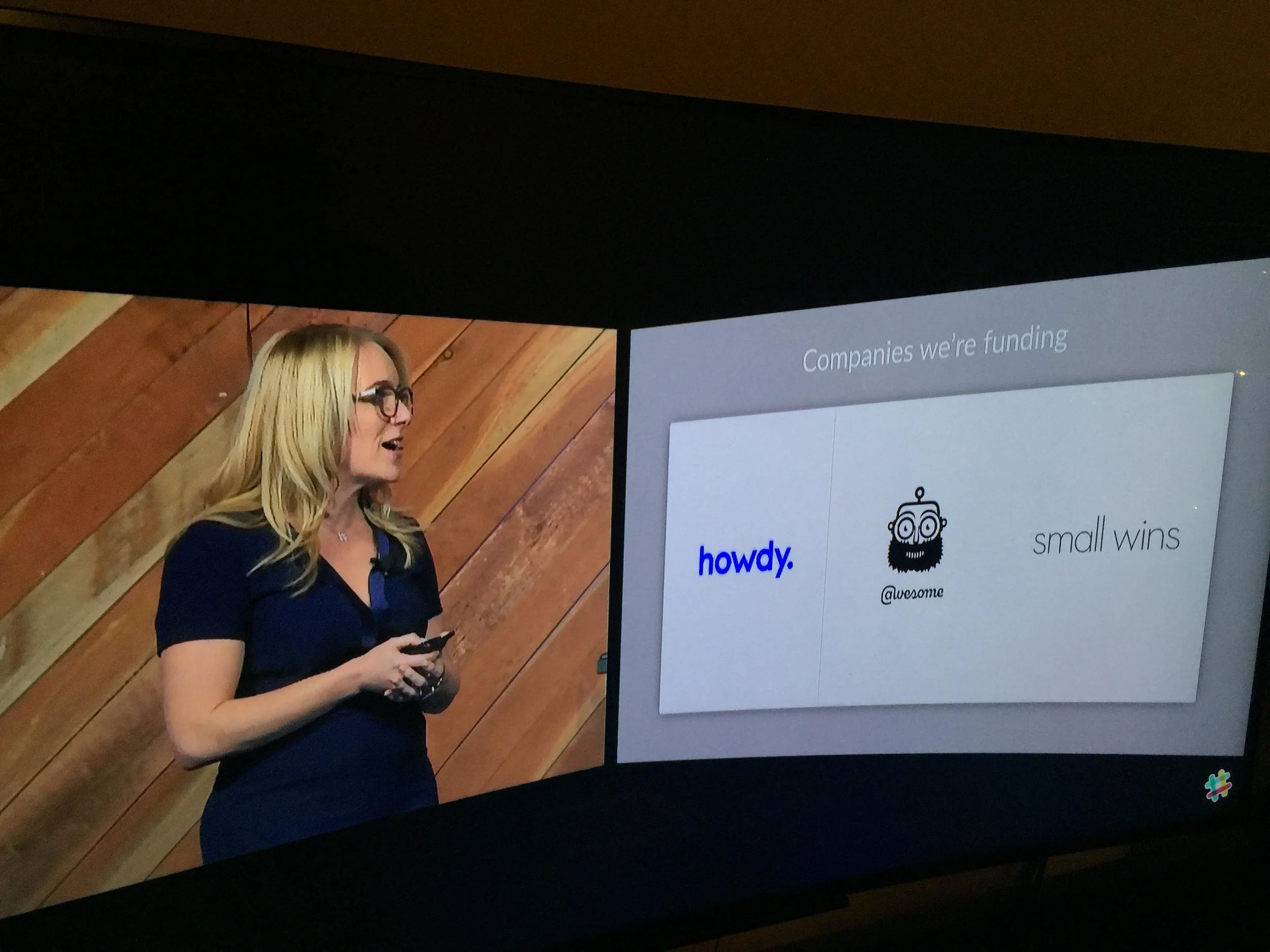 Awesome logo on screen as Slack announces the three companies funded