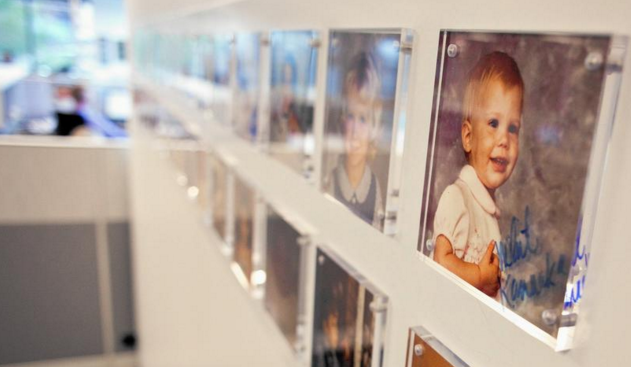   Employees' baby pictures hang on the wall of real estate brokerage NAI Hiffman in Oakbrook Terrace. (James C. Svehla / Chicago Tribune)  