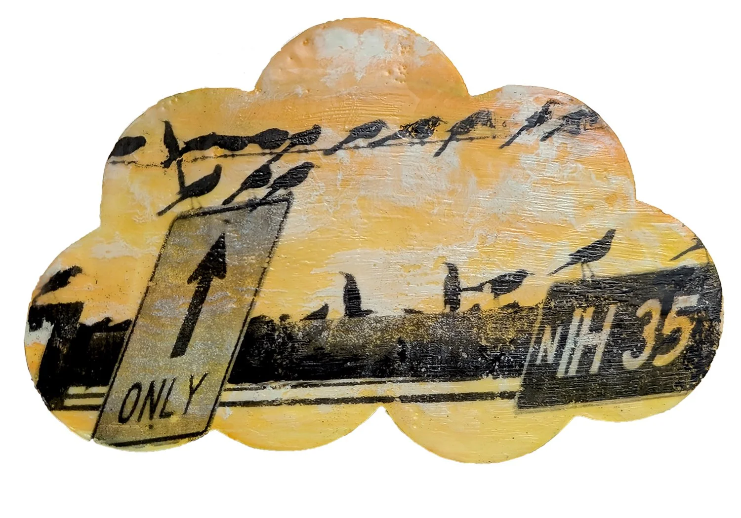  Cloud  B1rds 10 × 6 x .5 inches Encaustic on wood with pigment and photo transfer 