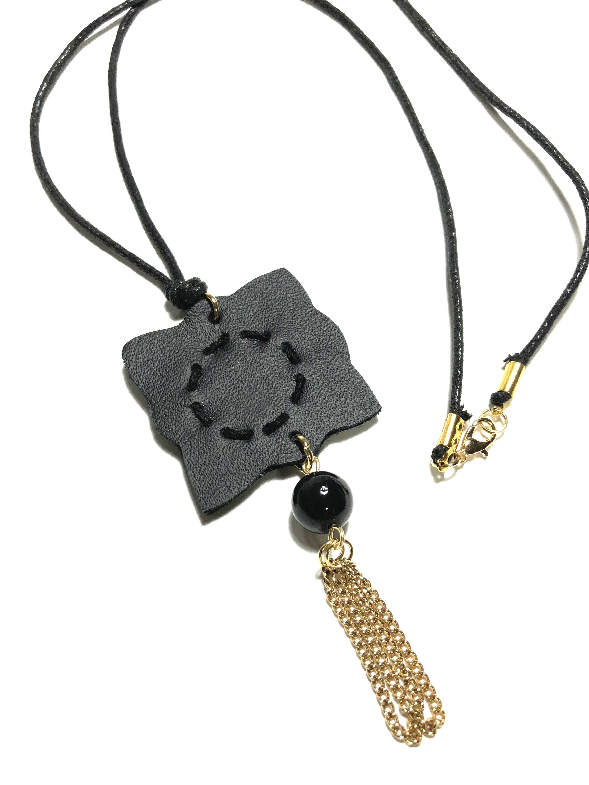 Clover leather necklace with bead and chain accent by Black & Gold Fashions (5).JPG