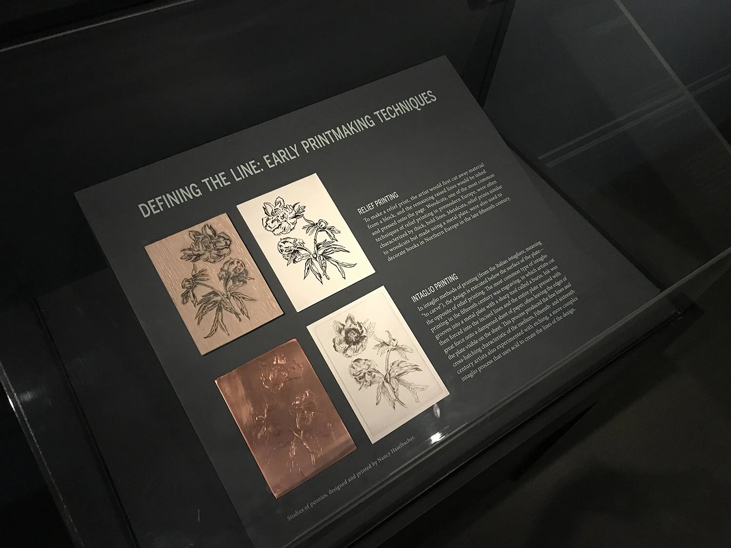 Exhibition didactic displaying the prints and plates.