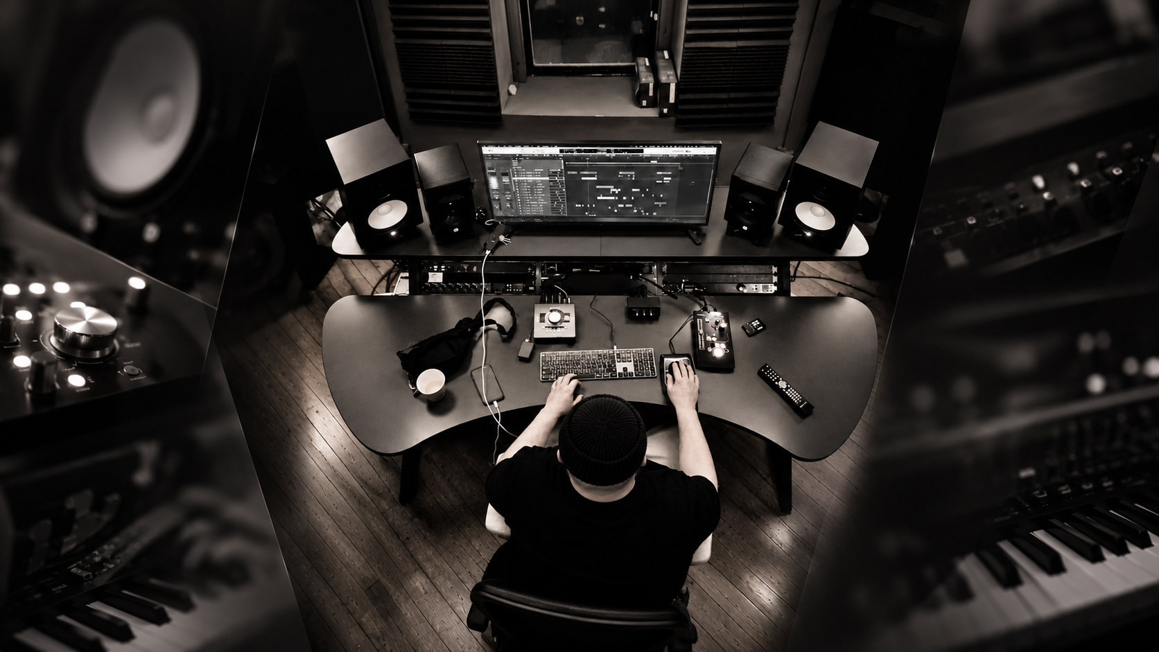 Overhead black-and-white view of Brandon in a beanie at the Lineup Room recording studio desk.