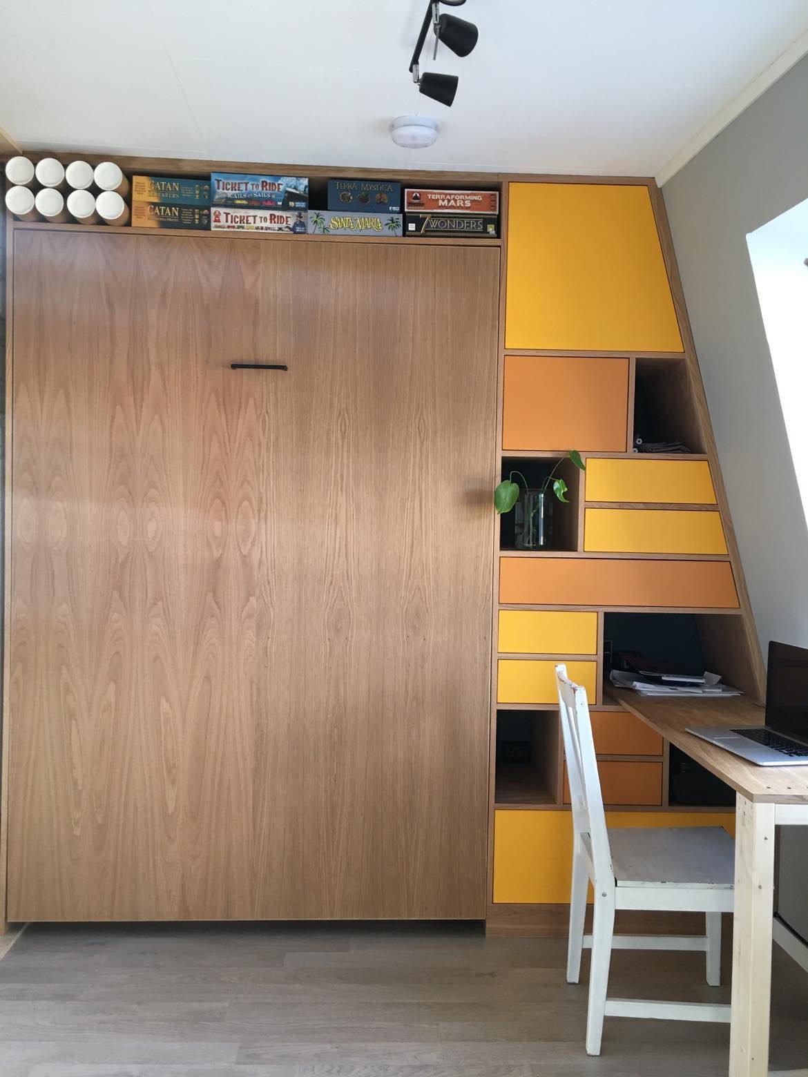 Murphy bed with storage and work desk.