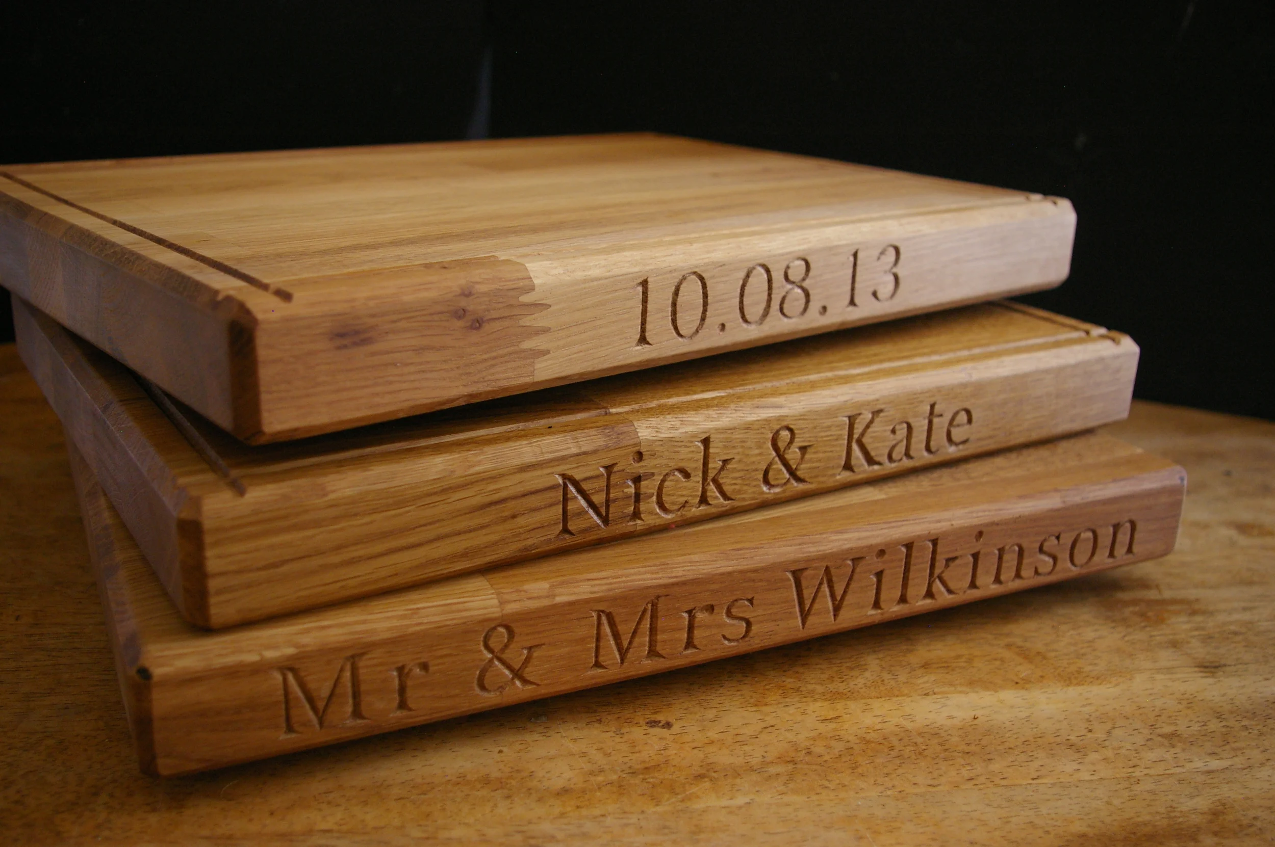  Oak chopping boards personalised for wedding presents. 