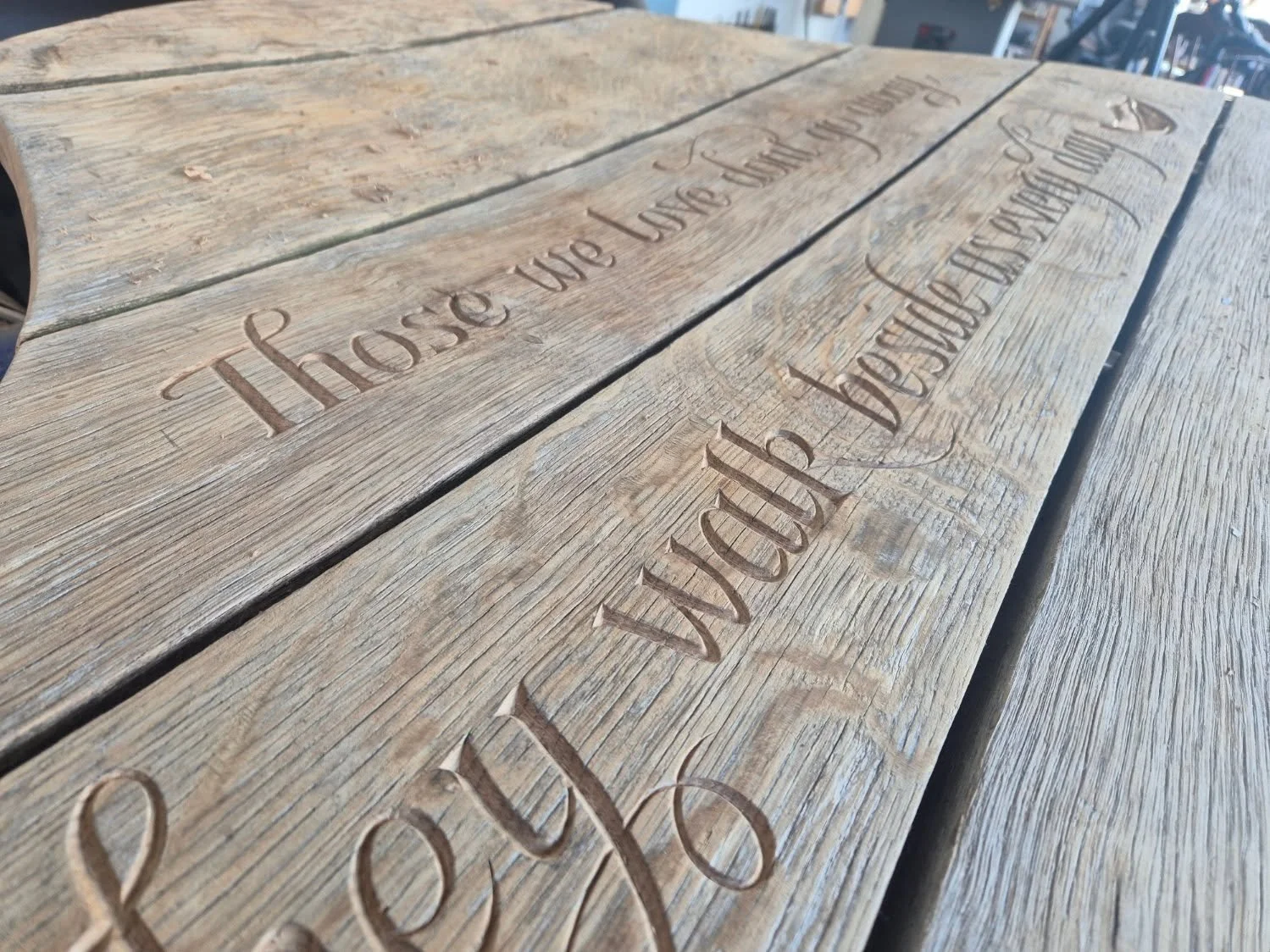 A few photos from a really enjoyable lettering project into the back of this oak garden bench. I've got a few process videos I'll post when I have a bit more time.

It was such a treat to have the opportunity to design the lettering from scratch and 