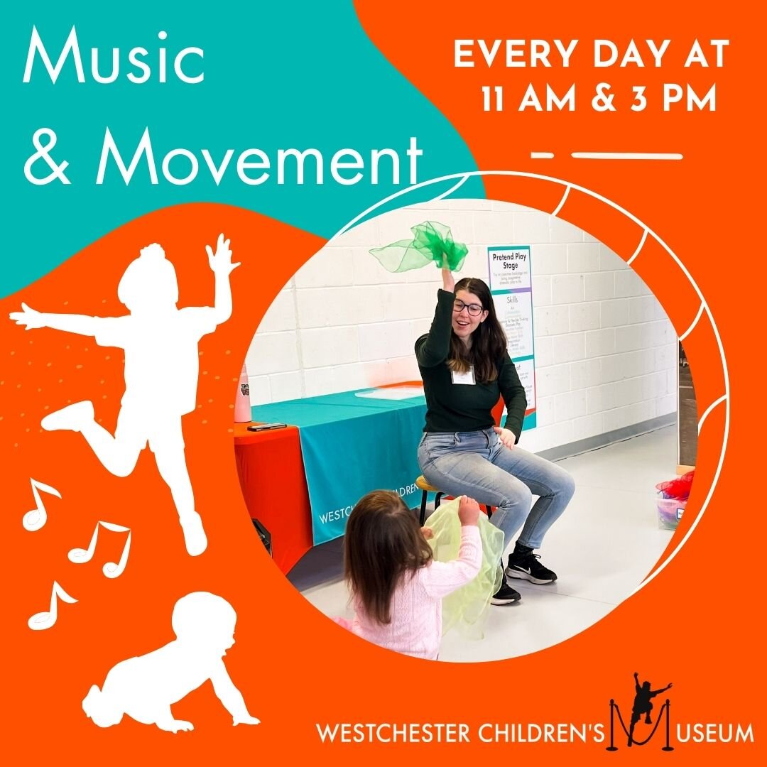 Come move and groove with us every day during our MUSIC AND MOVEMENT class!!
🎶
Featuring:
Puppets 🧸
Musical Instruments 🥁
And Props 🕶
🎶
Every day at 11 am and 3 pm! 
#discoverwcm
#WestchesterChildrensMuseum
#WestchesterFamily
#WestchesterKids
#S