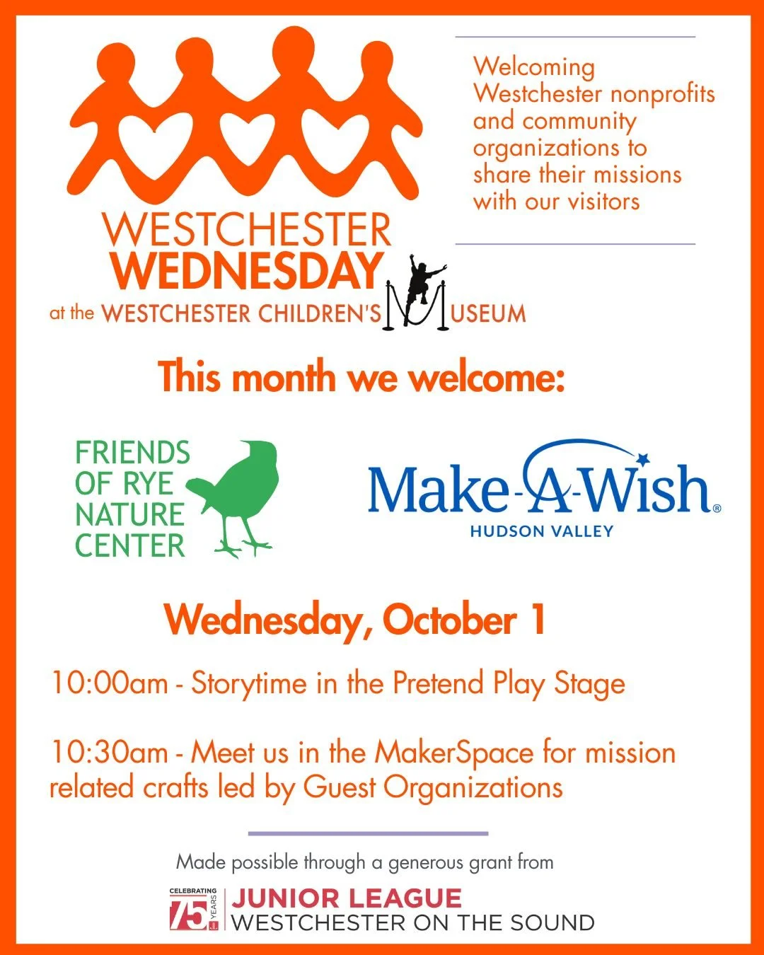 Save the date October 1 for the fall kickoff of Westchester Wednesday!
Westchester Wednesday at the Westchester Children's Museum welcomes local organizations into our space to share their inspiring missions with our Museum visitors. This month our g