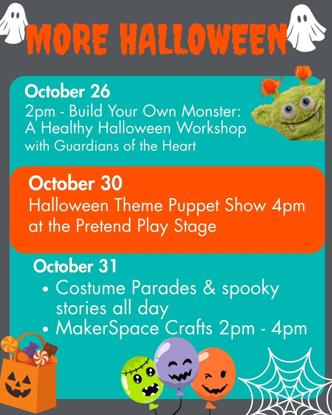 Halloween at the Museum!! So many chances for you to wear your costume, play, pretend, sing, move, and create!
✨Oct 26 - Build Your Own Heart Healthy Monster
✨October 30 - Our Museum puppets put on their own costumes for a special Halloween theme sho