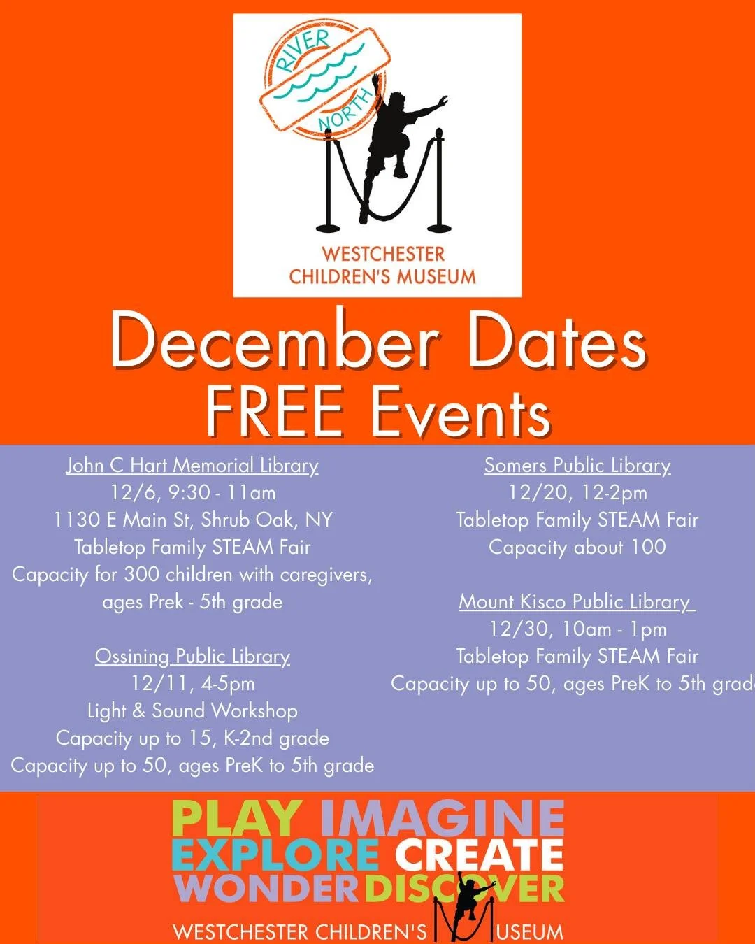FREE Family Steam Fairs &amp; Light &amp; Sound Workshop 🎉

The Westchester Children's Museum is committed to making children's museum programming, STEM, and STEAM activities available to all children across Westchester County. River North Programs,