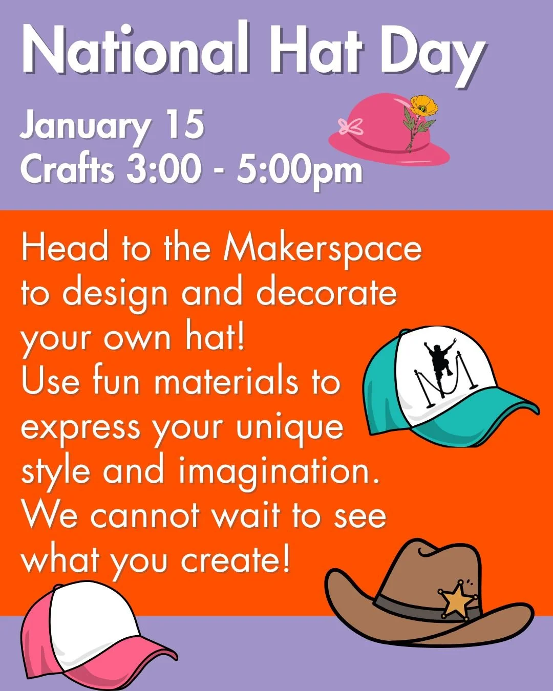 Celebrate National Hat🧢 Day with a creative afternoon at the Museum! Kids can design and decorate their own hats in the Makerspace, using fun materials to express their unique style and imagination💫.

 #nationalhatday #FunForFamilies #WestchesterCo