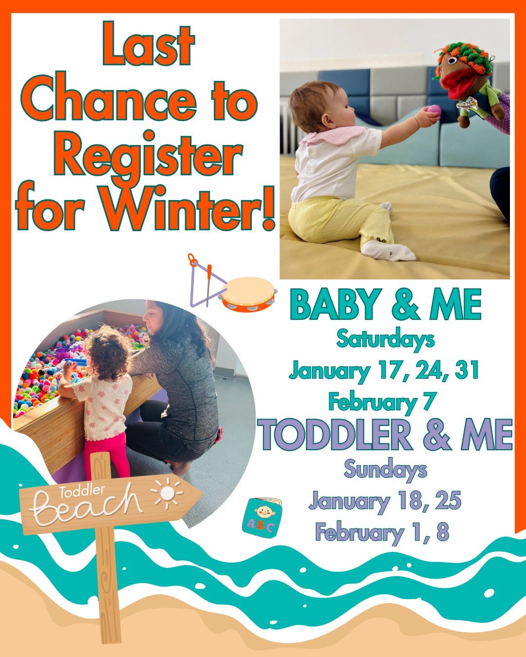 Last Chance to Register for Winter Baby &amp; Me &amp; Toddler &amp; Me - make sure to grab your spot today! 

Learn more and Register Here: 

Baby &amp; Me: https://discoverwcm.doubleknot.com/event/baby-me-winter-sessions-1/3125852

Toddler &amp; Me