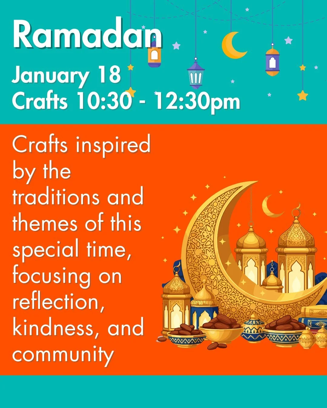 Families are invited to learn about and celebrate Ramadan 🏮 through creativity at the Makerspace🌙. Enjoy hands-on crafts inspired by the traditions and themes of this special time, focusing on reflection, kindness, and community. A meaningful and e