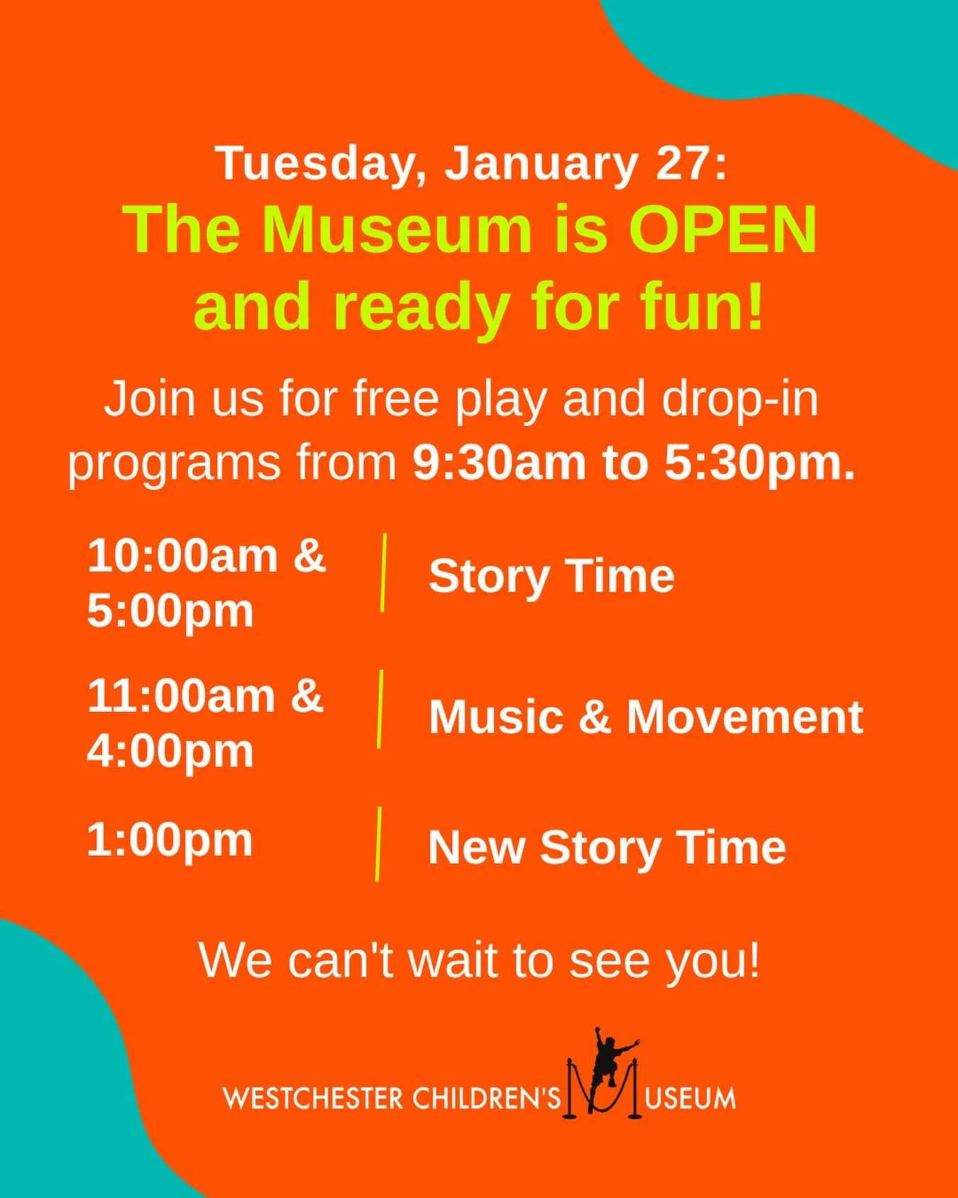 The Museum is OPEN and ready for fun! 🎉

Join us TODAY, January 27, for free play and drop-in programs from 9:30 AM to 5:30 PM.

📚10:00am &amp; 5:00pm: Story Time
🕺🏾11:00 am &amp; 4:00pm: Music &amp; Movement
📖1:00pm: New Storytime!

We can&rsqu