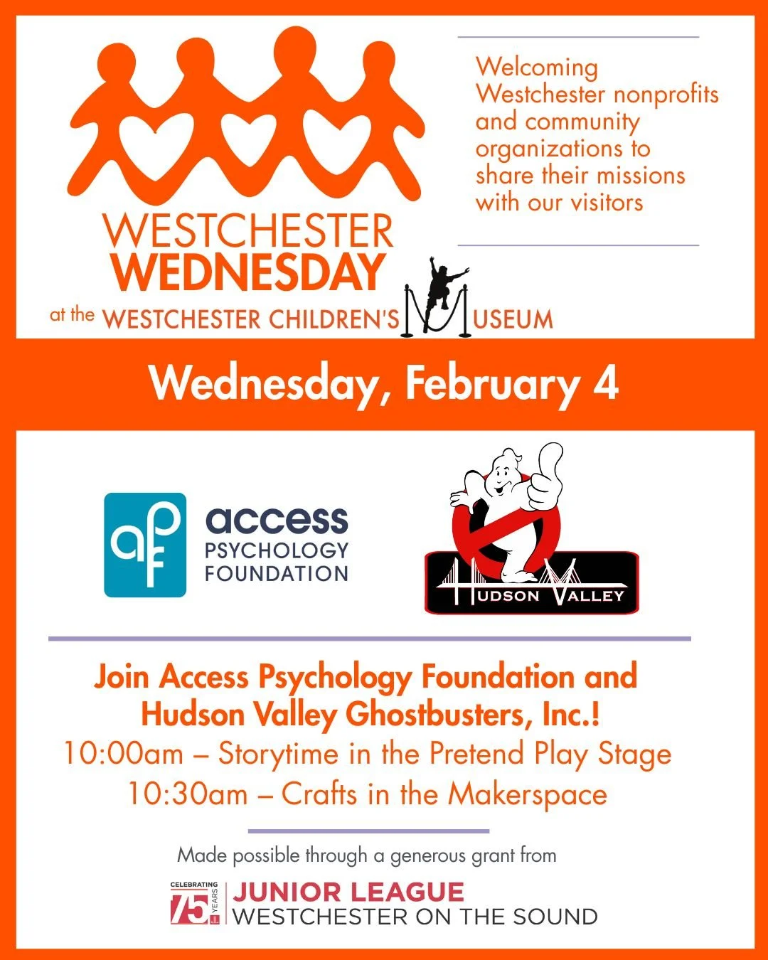 This month we welcome friends from Access Psychology Foundation and Hudson Valley Ghostbusters, Inc. at our Westchester Wednesday program! See how they support our community, enjoy a special story time, and fun crafts.

@hudsonvalley_ghostbusters 
@a