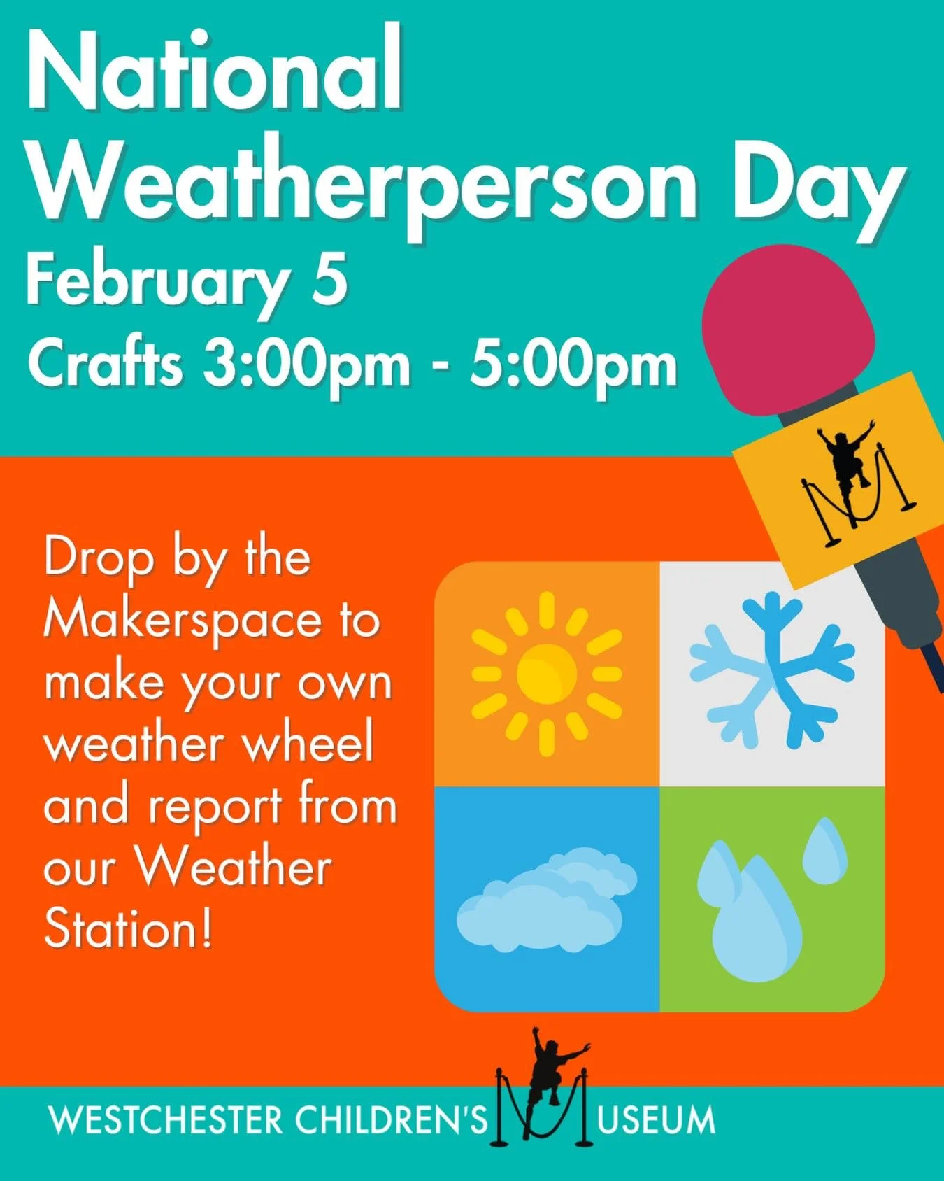 Celebrate National Weatherperson Day at the Makerspace on THURSDAY, FEBRUARY 5! Kids will create their own weather wheel and explore different types of weather through hands-on play at our Weather Station, featuring fun exhibit props and interactive 