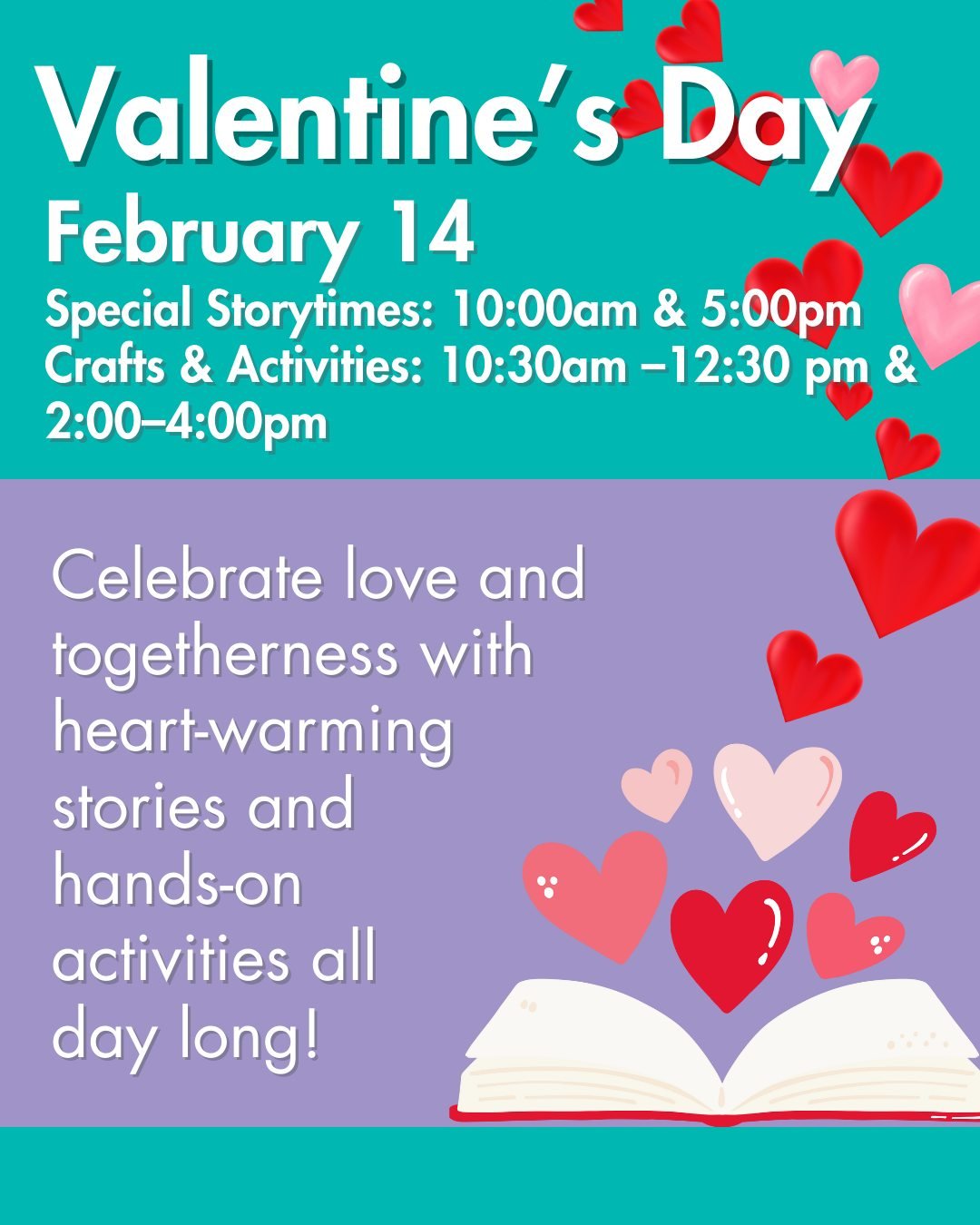 Celebrate Valentine&rsquo;s Day ❤️ at the Museum with Special Storytimes and hands-on activities all day long! Families are invited to enjoy heartwarming stories, create heart-shaped suncatchers or paper-roll heart paintings, and help build our colla
