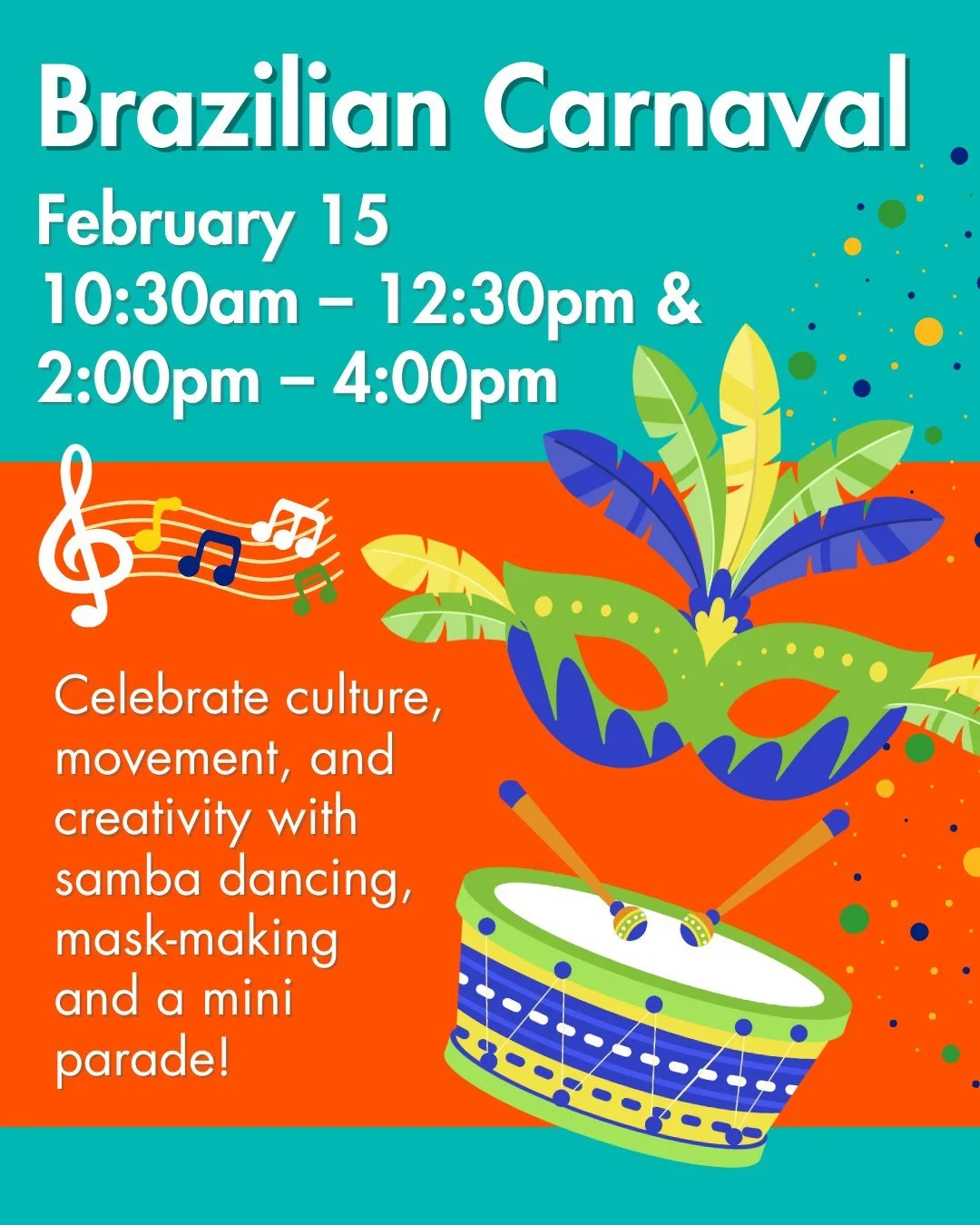 Experience the energy and color of a Brazilian Carnaval at the Museum🎉! 

Families are invited to celebrate with vibrant feather masks decorated with sequins and bright colors, create festive shakers🎶, and join in the fun with samba dance time🕺💃?