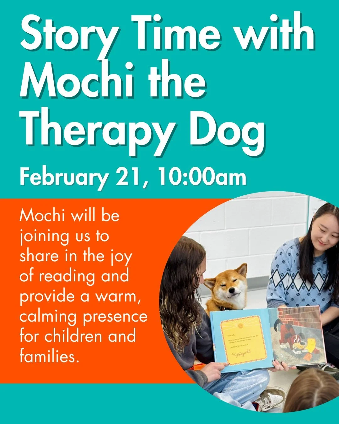 Our favorite therapy dog, Mochi 🐕 will be joining us to share in the joy of reading and provide a warm, calming presence for children and families📖.

#dogtherapy #therapydog #readingtime #storytime #WestchesterCounty #childrensmuseums #ryeryebrookm