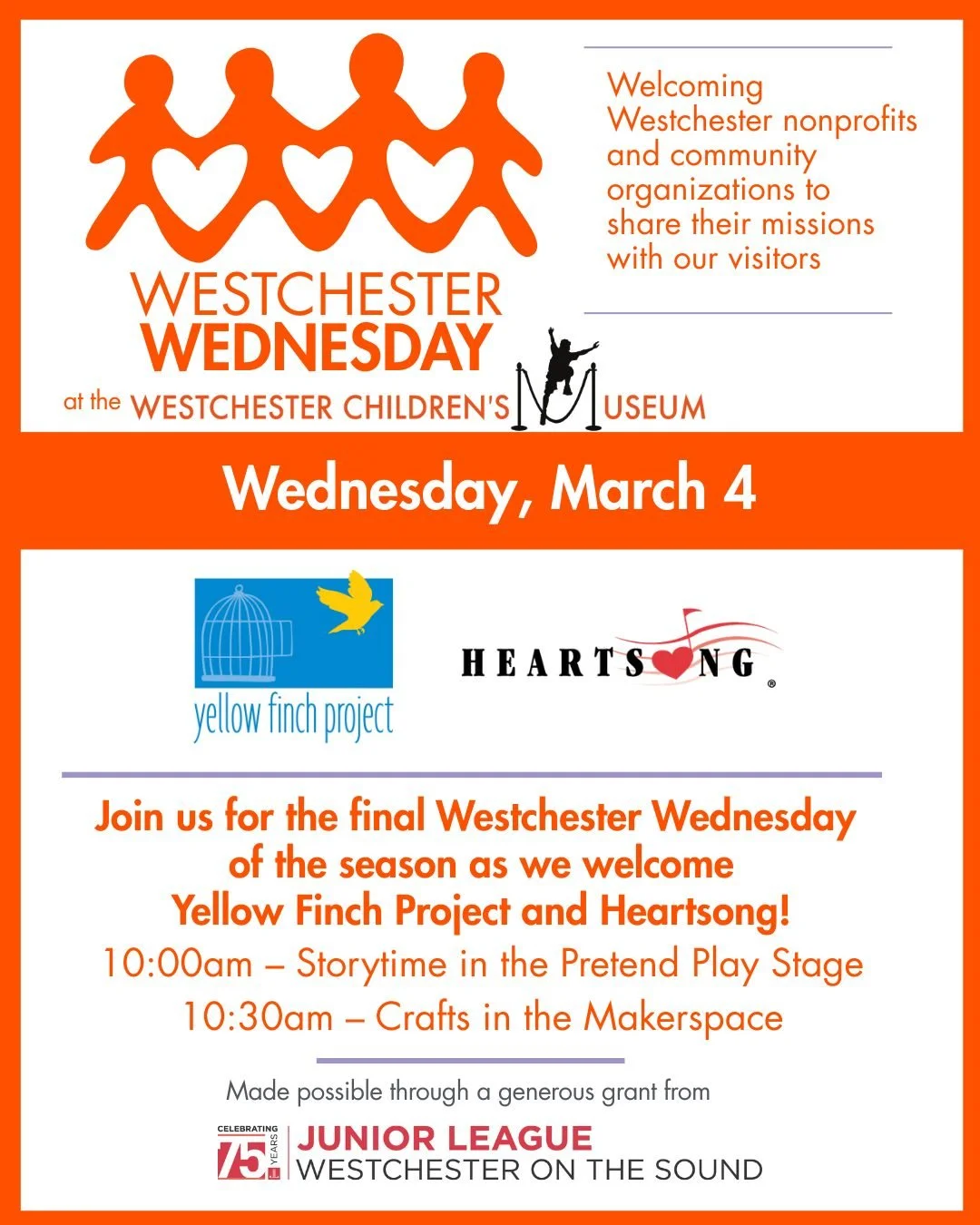 This month we welcome friends from Yellow Finch Project and Heartsong, Inc. at our final Westchester Wednesday program of the season! See how these organiztions support our community, enjoy a special story time, and fun crafts.

@the_yellow_finch_pro