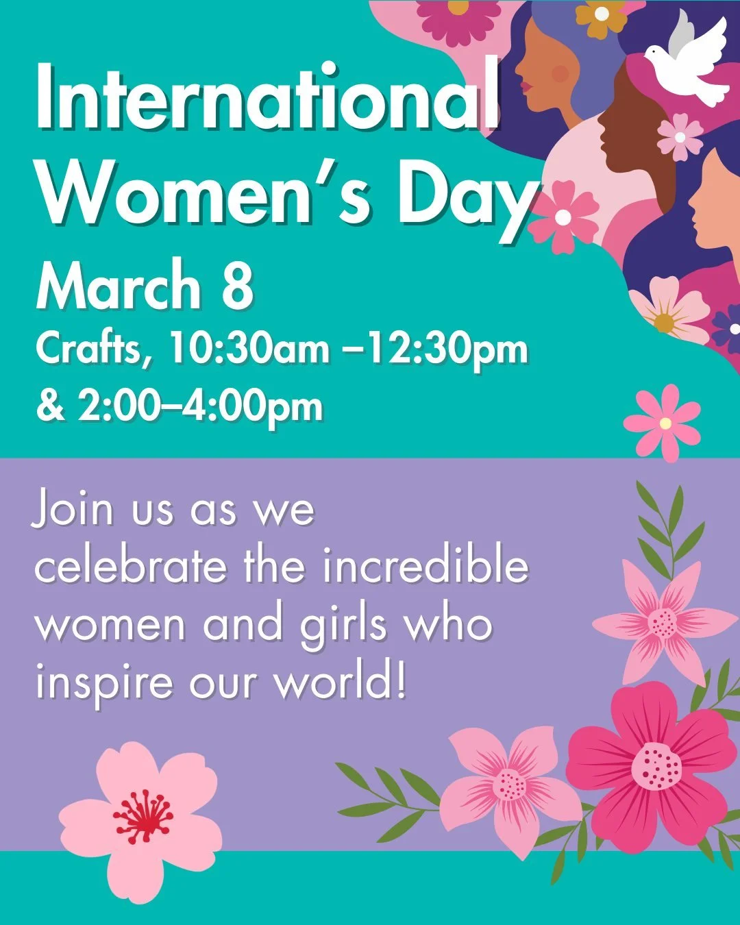 Join us Sunday, March 8 for International Women's Day Children to celebrate the incredible women and girls who inspire our world! 

Families are welcome to create beautiful flower bracelets and &ldquo;tulips eights&rdquo; crafts in our Makerspace, sy