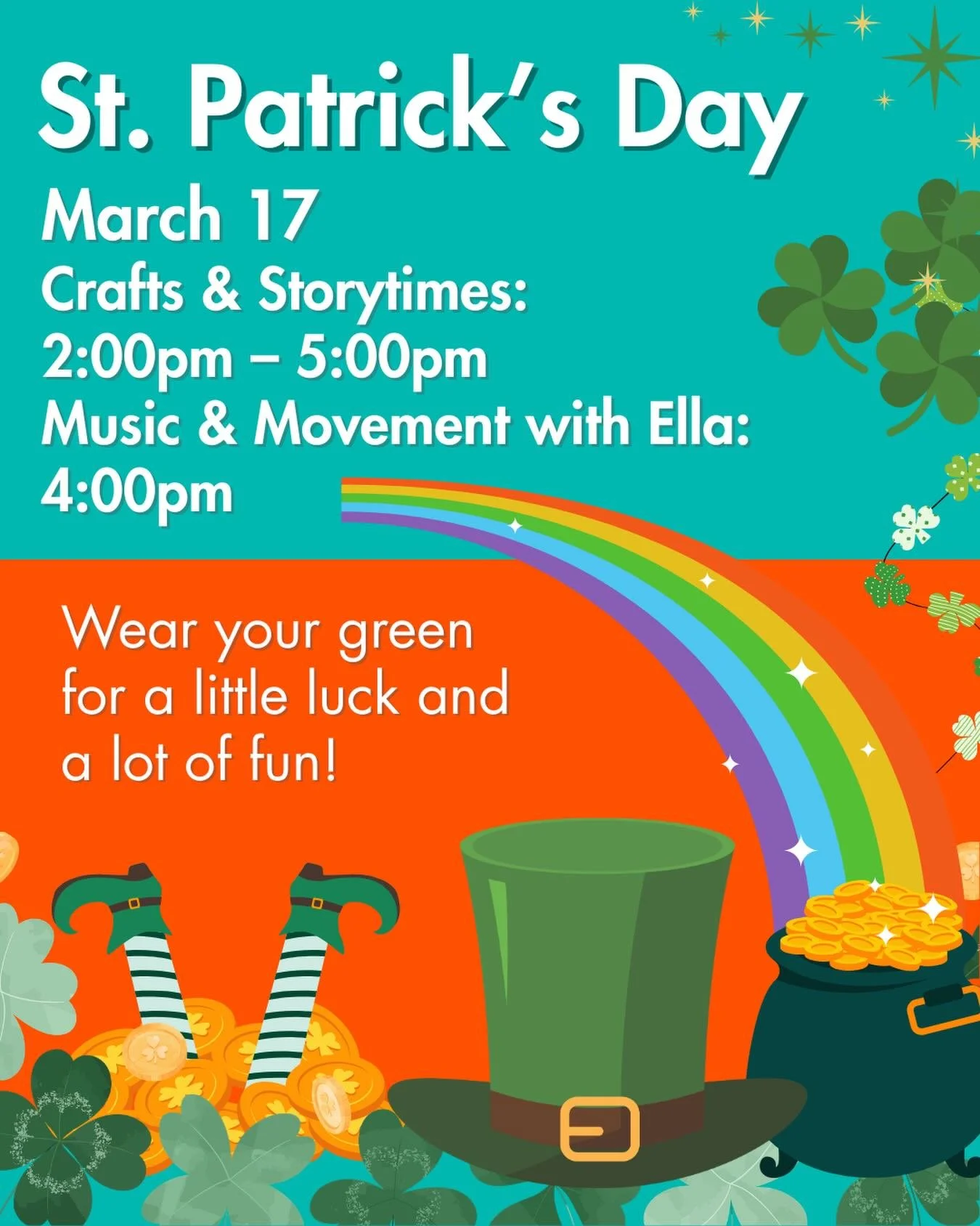 Join us this Tuesday, March 17, for a St. Patrick&rsquo;s Day celebration, including:
✨ Shamrock Wand &amp; Rainbow Pot-O&rsquo;-Gold crafts
🔍 Gold Coin Scavenger Hunt
📖 Irish Folktale Storytime
🌈 Hands-on Rainbow Science
💚 Music &amp; Movement w