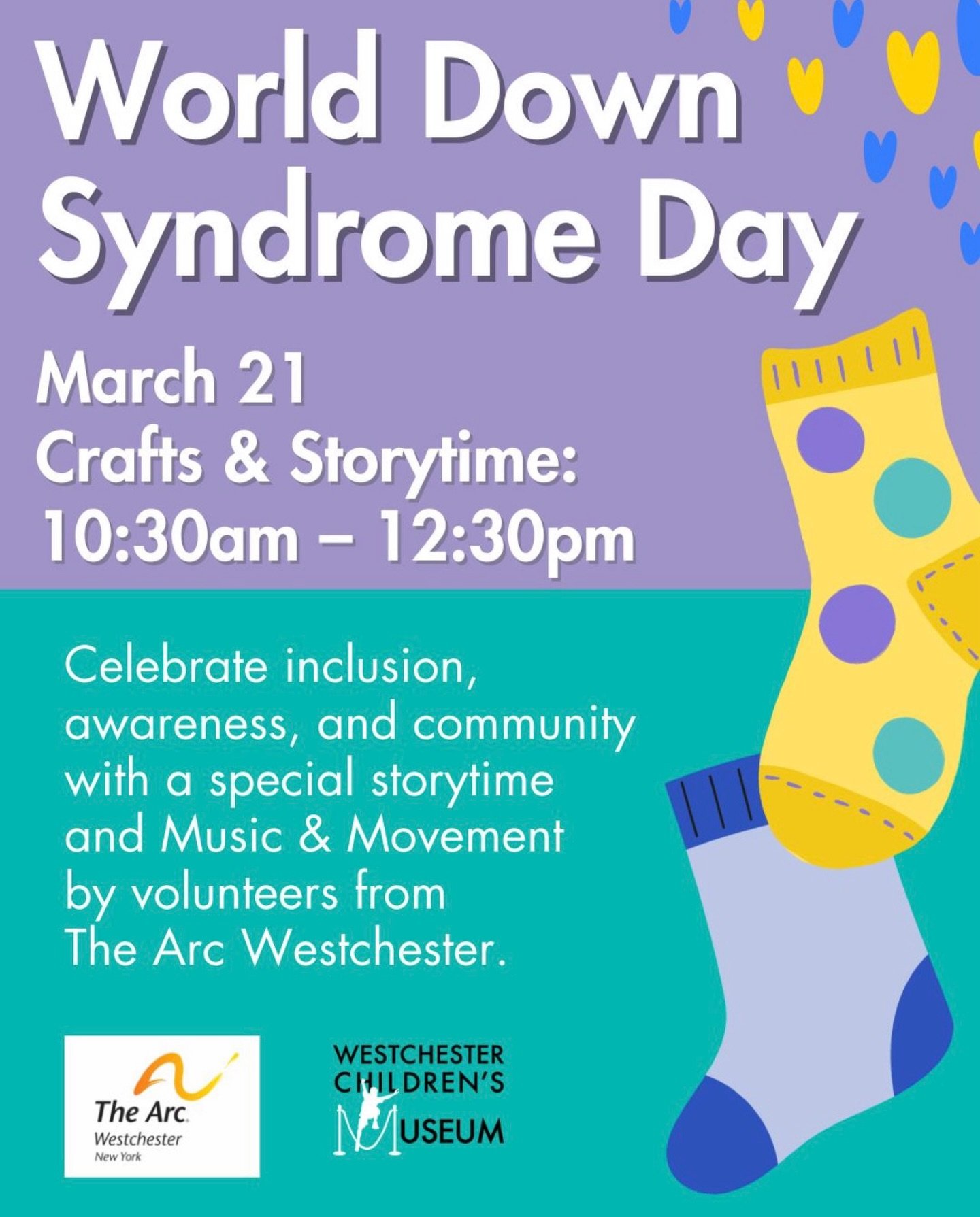 Join us on Saturday March 21st to Celebrate inclusion, awareness, and community with a special storytime and Music &amp; Movement by volunteers from The Arc Westchester. 🫧✨ 

 #discoverwcm #westchesterfamily #thingstodoinwestchester #worlddownsyndro