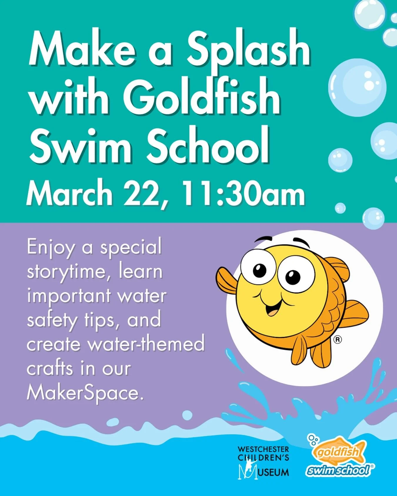 Make a splash with us this Sunday, March 22 at 11:30am! We&rsquo;re thrilled to welcome Goldfish Swim School to the Westchester Children&rsquo;s Museum for a morning of fin-tastic fun. 🧡

Dive into:
📖 A special storytime
💧 Important water safety t