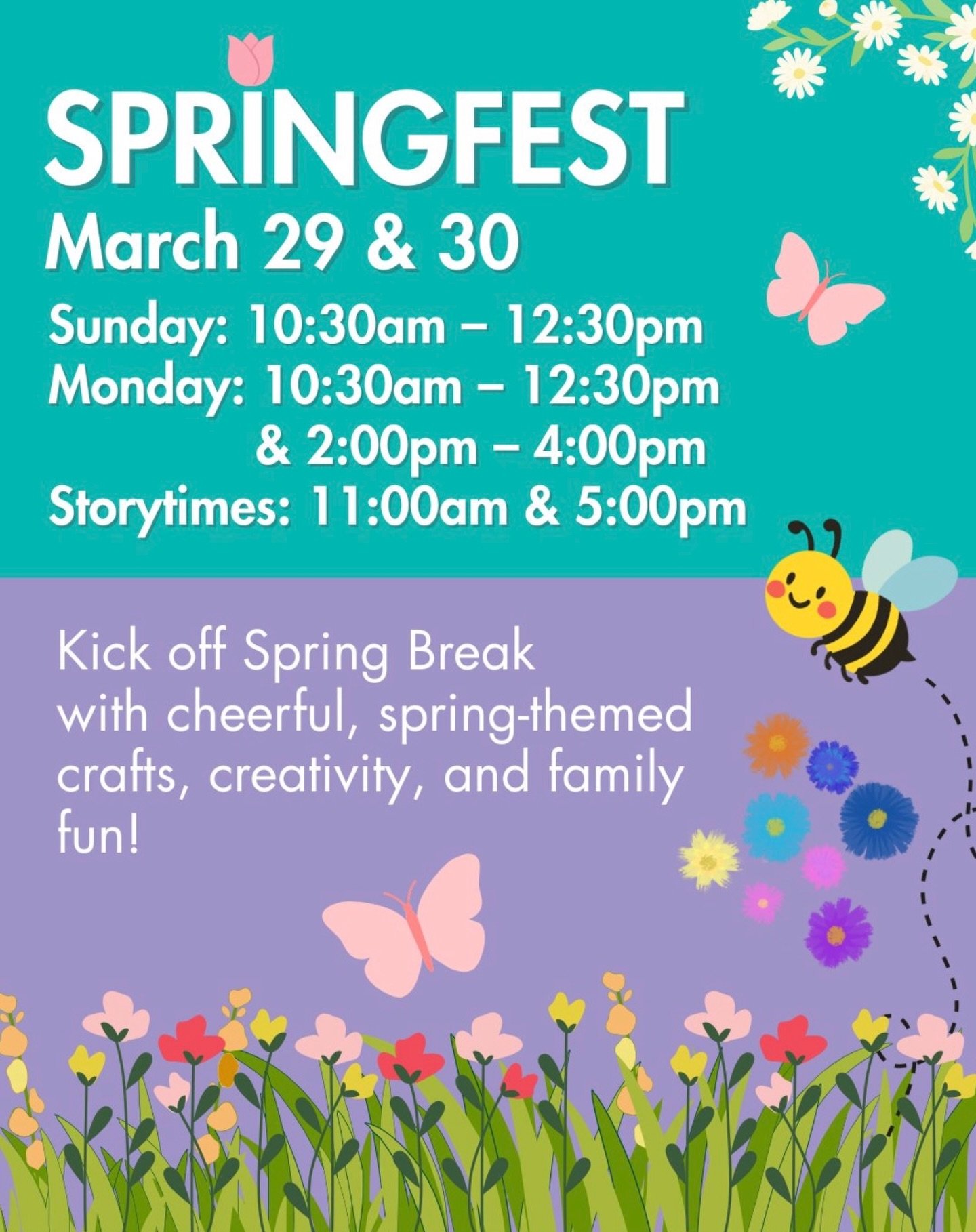 SPRINGFEST 🐞🌱

Kickoff Spring Break with cheerful, spring themed  crafts, creativity and family fun!☺️💐 

March 29th 10:30am- 12:30pm 
March 30th 10:30am-12:30pm &amp; 2pm-4pm 

We have story time everyday, twice a day at 11am and 5pm 📚🐛

#disco