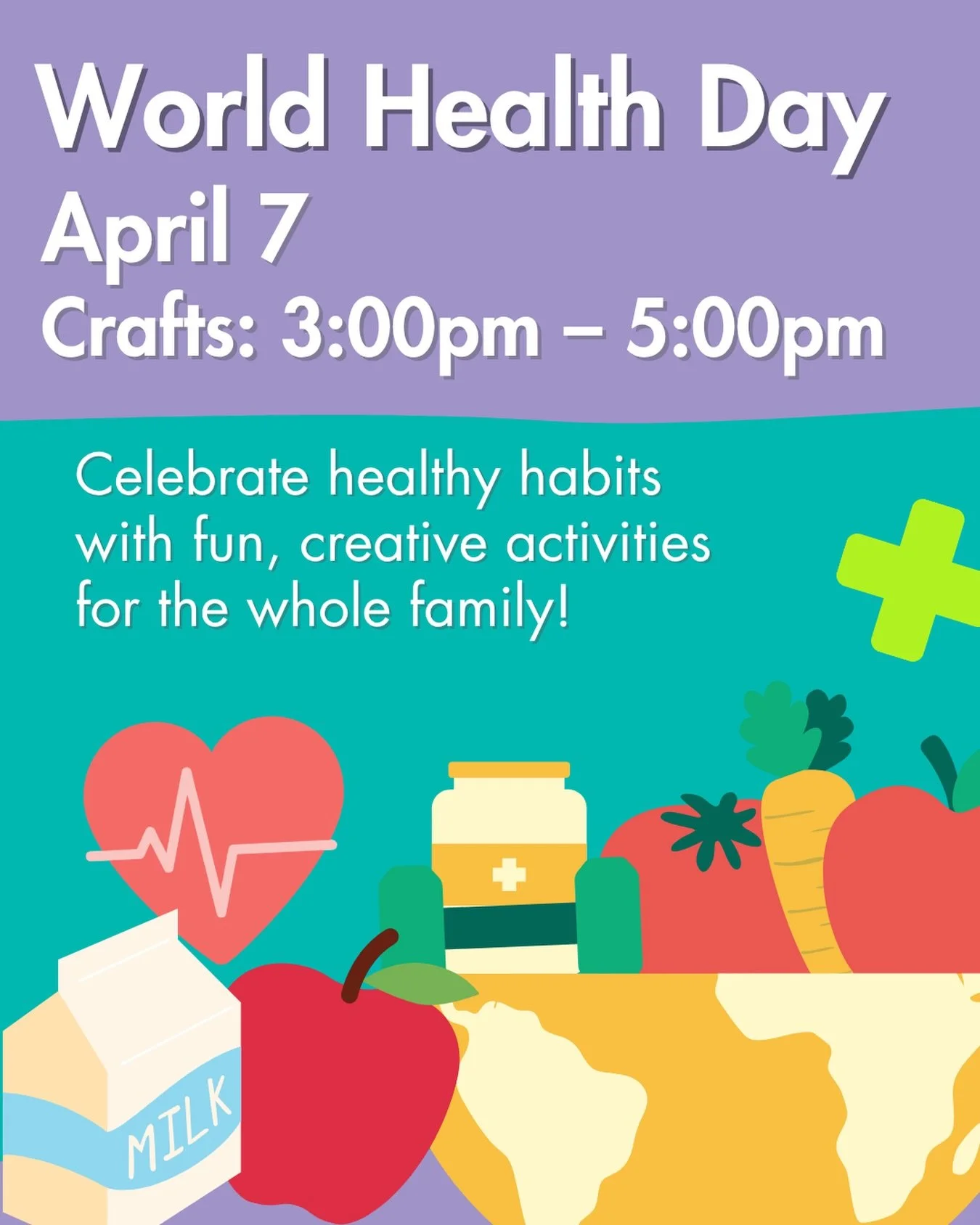 Join us on April 7th for World Health Day ✨

Celebrate healthy habits with fun for the whole family!  We will also have a special guest, Margaret Rowan who will be participating in our World Health Day event and she&rsquo;ll be bringing  some fun act