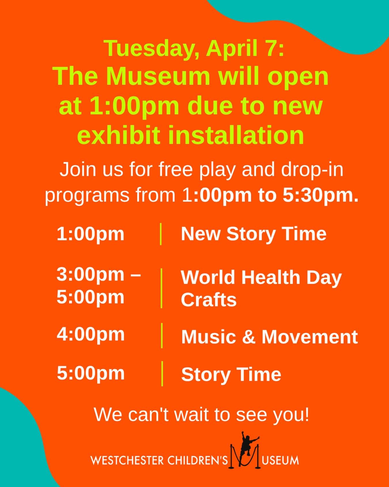 🕐 Late opening on Tuesday, April 7
We&rsquo;ll be busy setting up something new and exciting!

The Museum opens at 1:00pm &rarr; then join us for a full afternoon of free play + drop-in fun until 5:30pm.

🎉 Schedule
1:00pm &ndash; New Story Time
3: