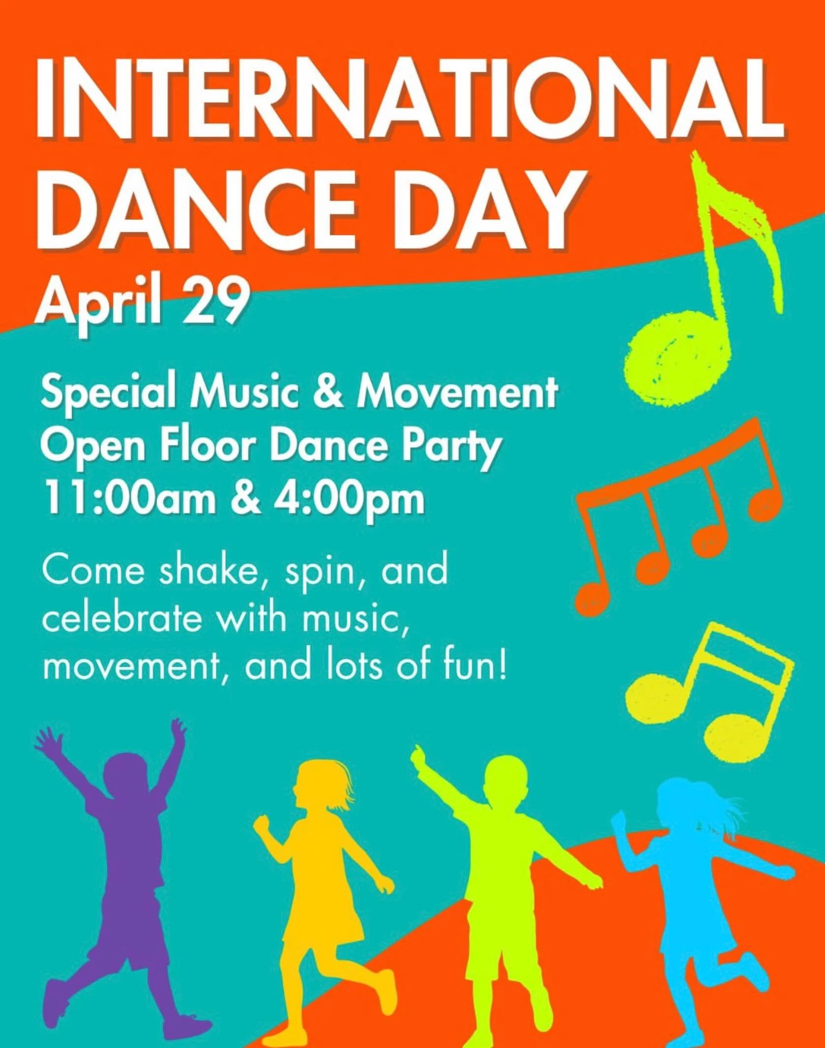 Join us tomorrow April 29th for international Dance Day 💃🏽🕺 
With a special music and movement Dance Party at 11am and 4pm🥳 Come shake, spin and celebrate with music and movement and lots of fun!!😝 

#kidswestchester #westchester #westchesteravt