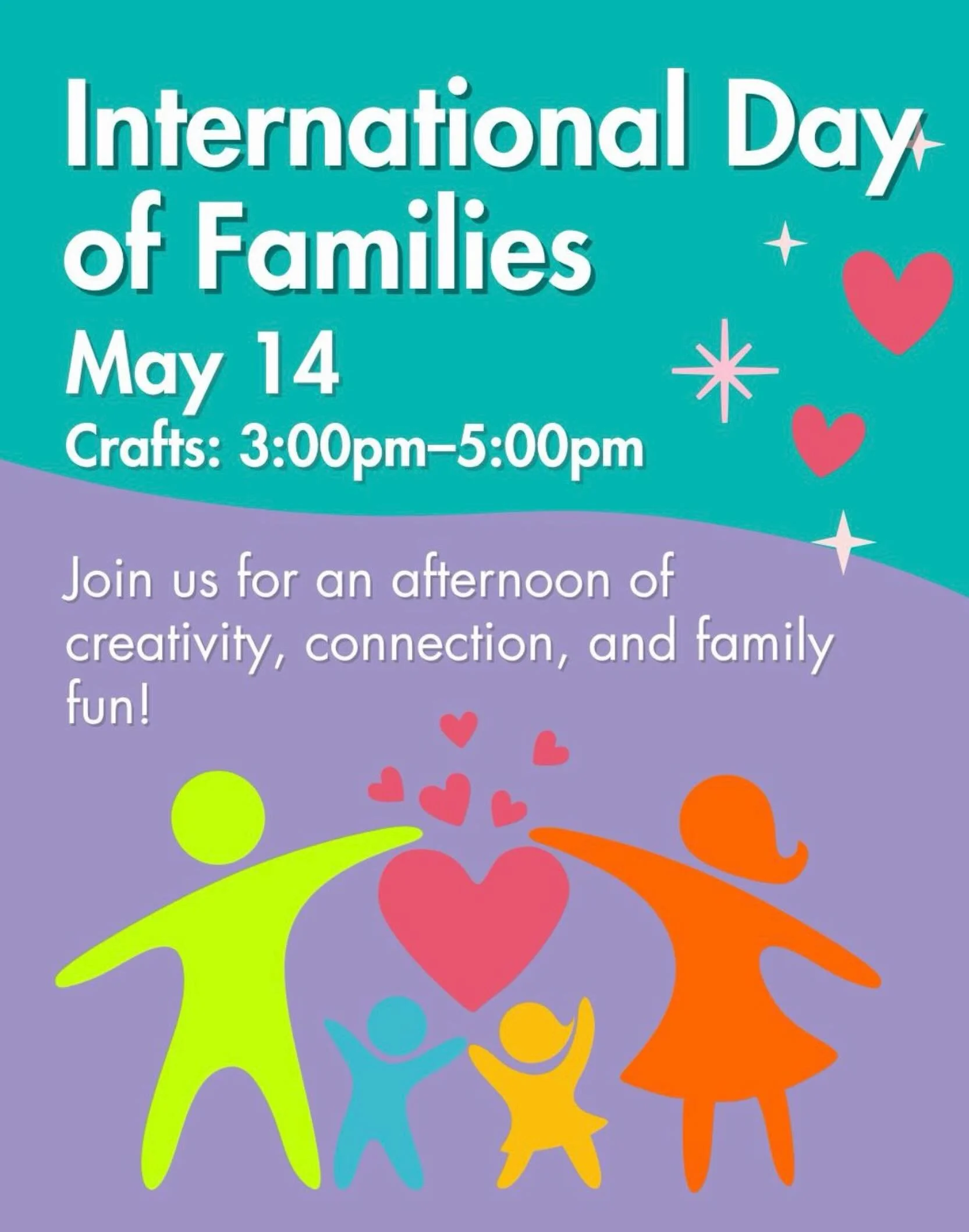 Join us on May 14th for International Day of families 🫂 

It will be an afternoon of creativity, connection and family Fun! ☺️ Crafts will be held in our makerspace from 3-5pm 🎨 

#kidswestchester #westchester #westchesteravtivities #westchesterchi