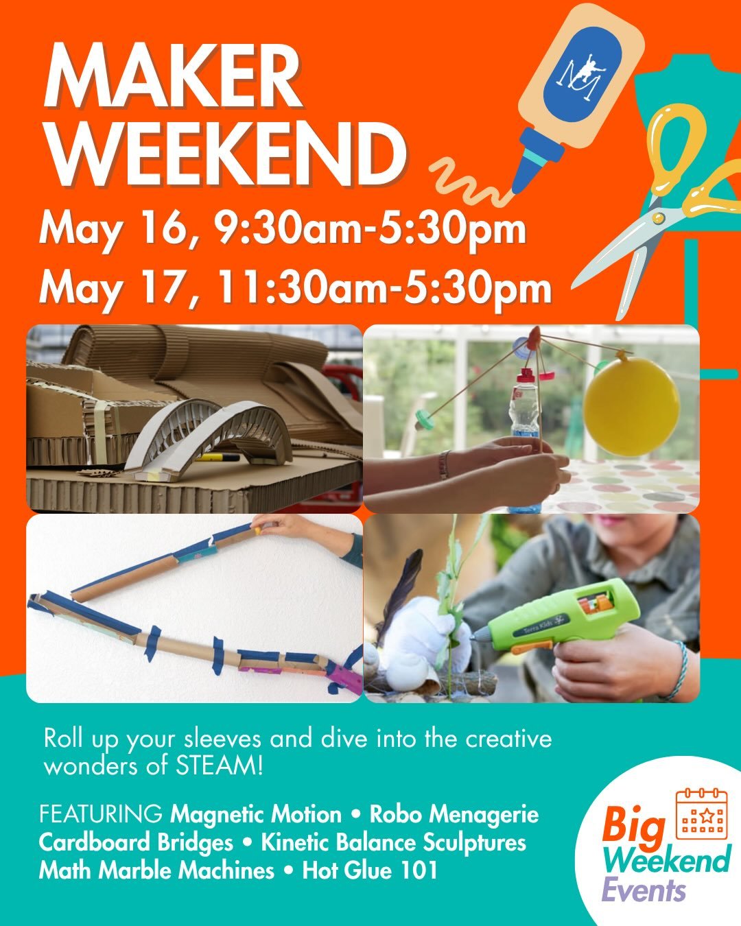 Get ready for a BIG weekend of creativity at BWE 🎉⚙️✨

Join us for our Maker Weekend and roll up your sleeves as we dive into the exciting world of STEAM!

🛠 Featuring:
&bull; Magnetic Motion
&bull; Robo Menagerie
&bull; Cardboard Bridges
&bull; Ki