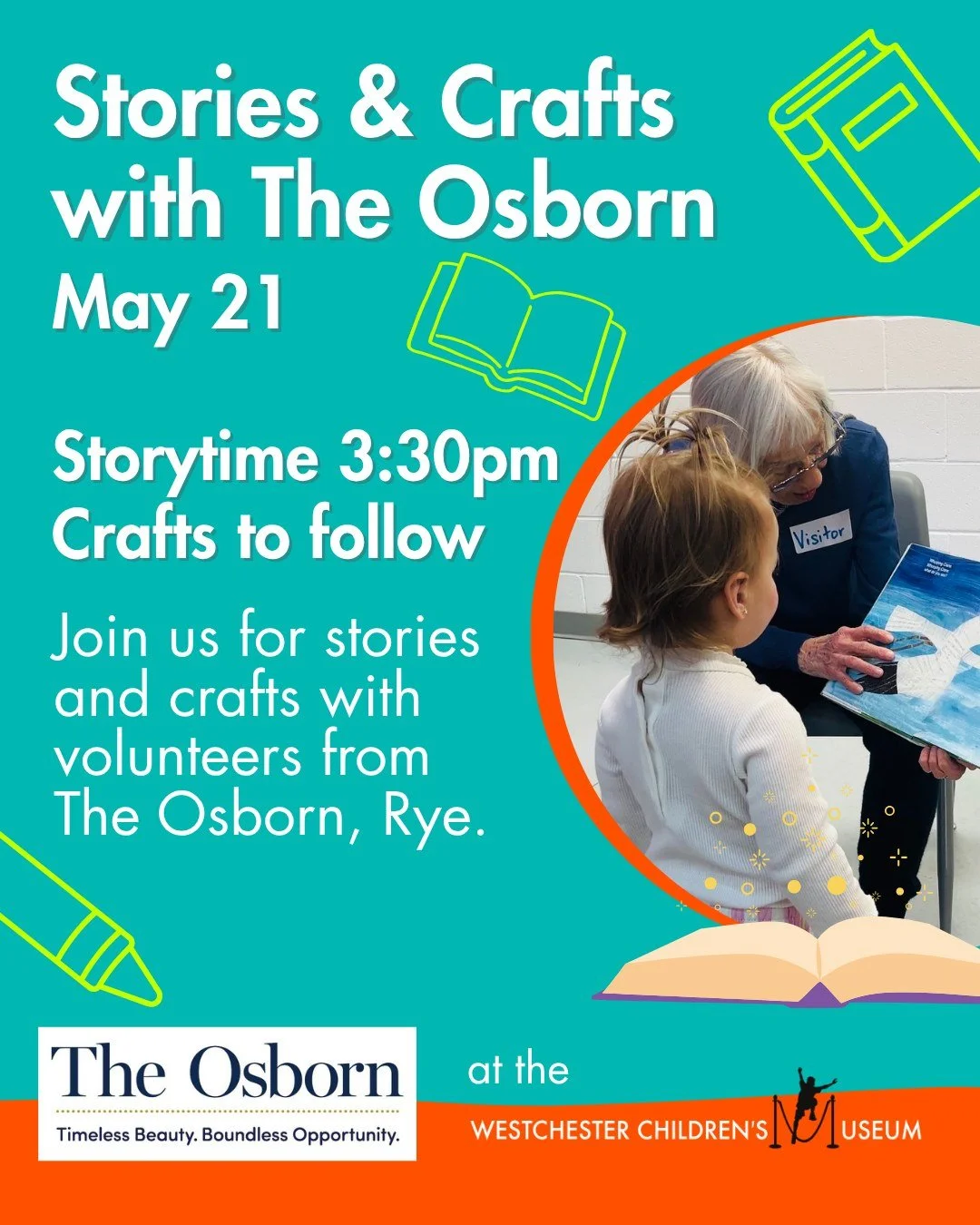 Join us on Thursday, May 21 at 3:30 PM for a very special Story + Craft program, lovingly led by the wonderful volunteers from The Osborn in Rye 🧓📖👧

First, our Osborn friends will share a heartwarming story. Then, families can dive into a hands-o
