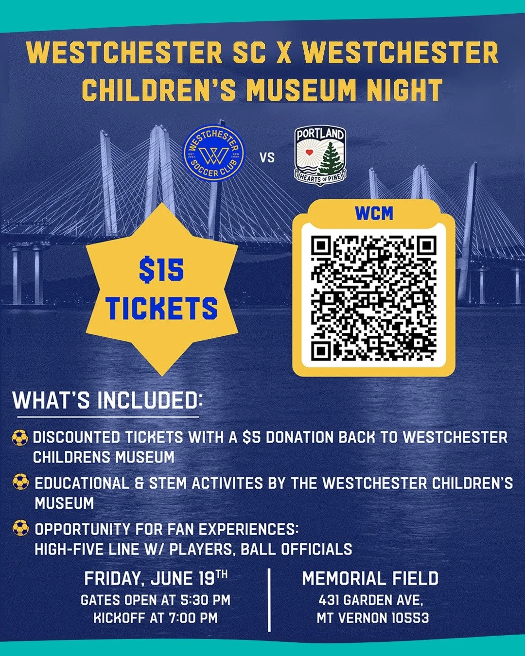 We've teamed up with Westchester Soccer Club for one unforgettable Museum Night. Westchester SC will be taking on the Portland Hearts of Pine at Mount Vernon Memorial Field &mdash; an exciting home match filled with energy, community spirit, and a gr
