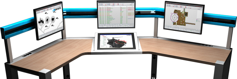 The RIVOPS console is a technological breakthough for the offshore oil & gas industry. The operator is looking at a North Sea operations map (left), a central alarm list (center above), a dynamic alarm overview (center bottom) and a 2D fire and gas detection panel (right). 