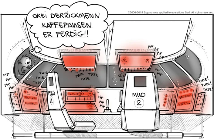 Norwegian/English translation: "Okay derrickman, the coffee break is over!"